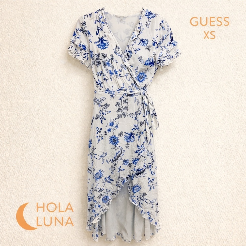 Guess White & Blue Floral High-Low Wrap Dress